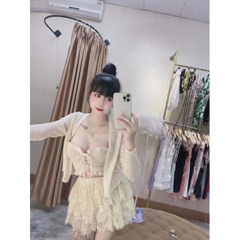 Set áo len chân váy ren