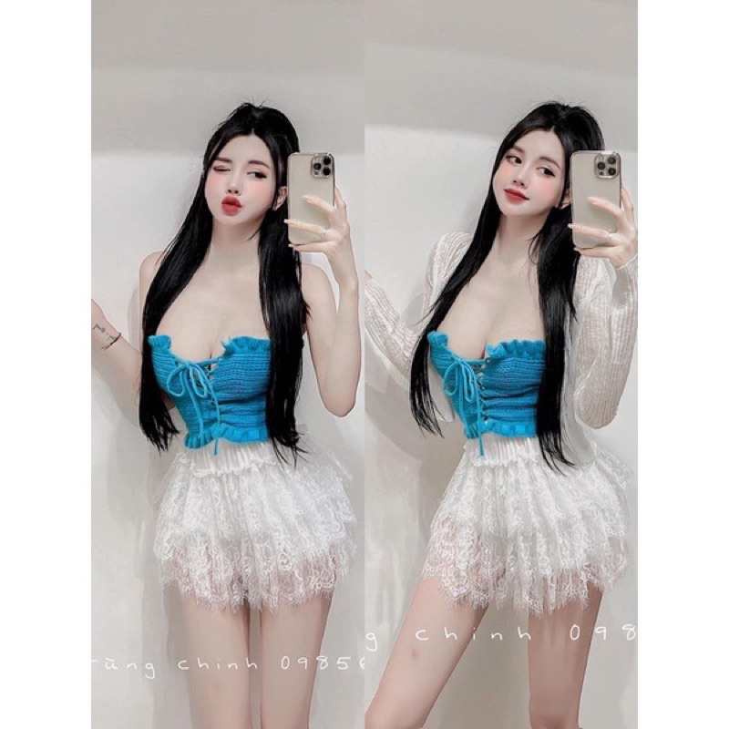 Set áo len chân váy ren