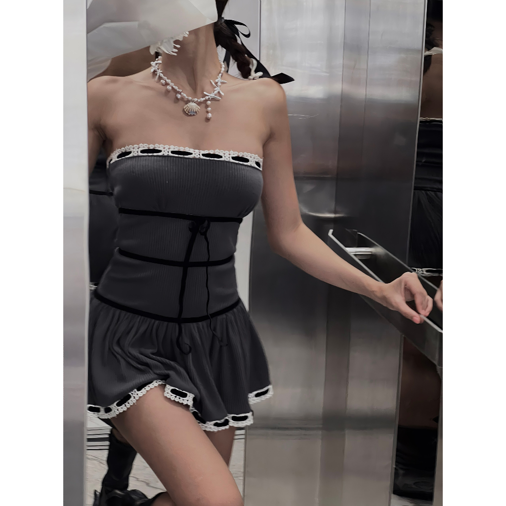 ONONMADE Váy Đầm Cúp Ngực Mùa Hè Dập Ly Nhỏ Phối Ruy Băng Nhung Màu Xám Ngã Tím Morias Mini Dress