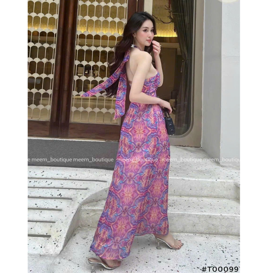 Đầm váy nữ công chúa dáng maxi cột nơ cổ chạy mocking thân sau có mút ngực và lót, thanh lịch, duyên dáng