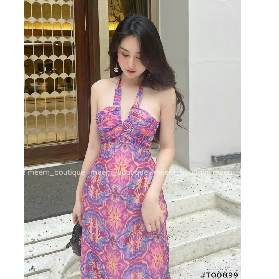 Đầm váy nữ công chúa dáng maxi cột nơ cổ chạy mocking thân sau có mút ngực và lót, thanh lịch, duyên dáng