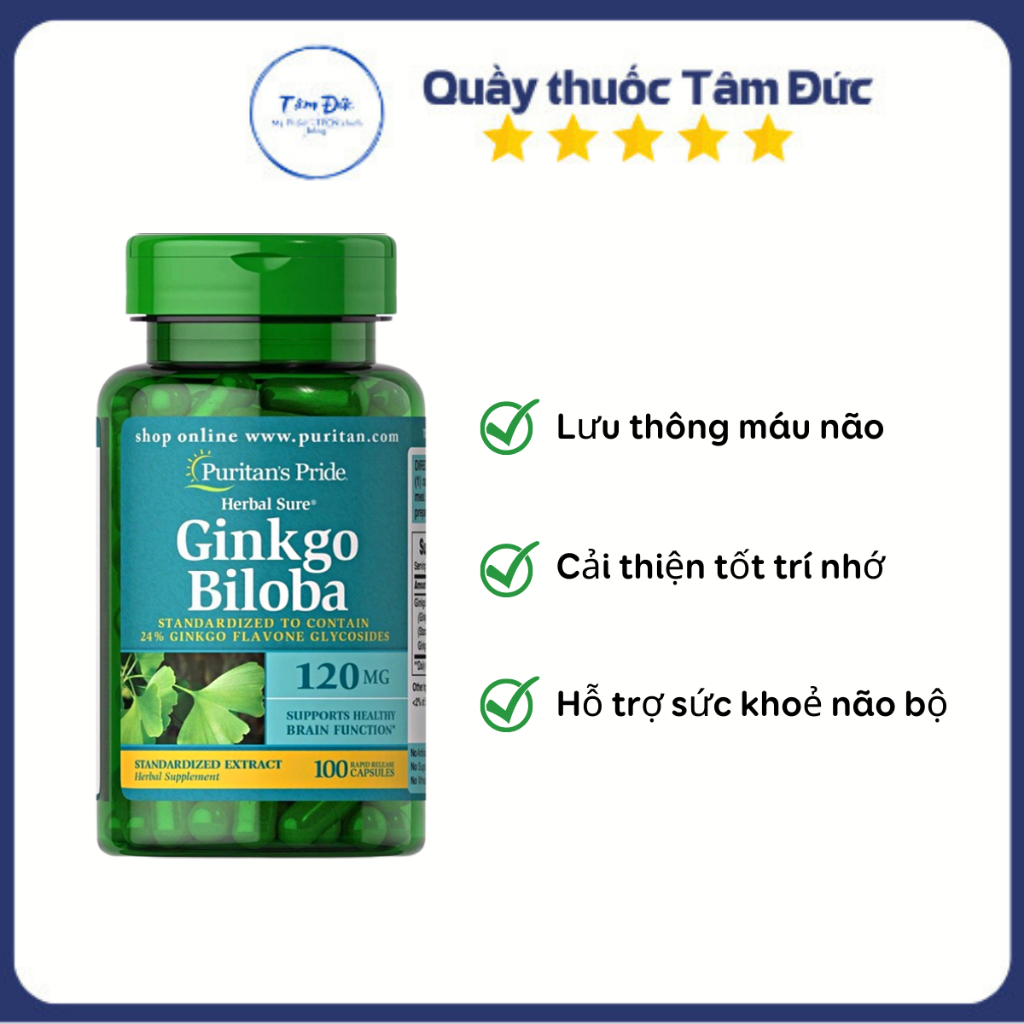 Viên Bổ Não Tăng Trí Nhớ Ginkgo Biloba Puritan's Pride 120mg lọ 100 viên, USA
