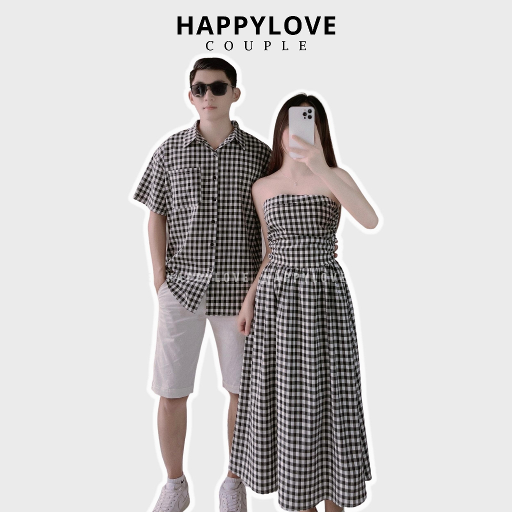 Đồ cặp nam nữ couple Set áo sơ mi nam đầm nữ đi chơi đi tiệc HAPPYLOVE kẻ ô caro sang trọng M113