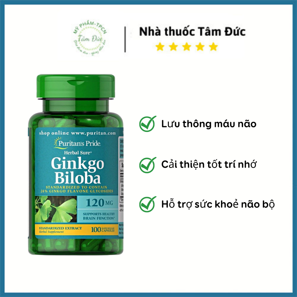 Viên Bổ Não Tăng Trí Nhớ Ginkgo Biloba Puritan's Pride 120mg lọ 100 viên, USA