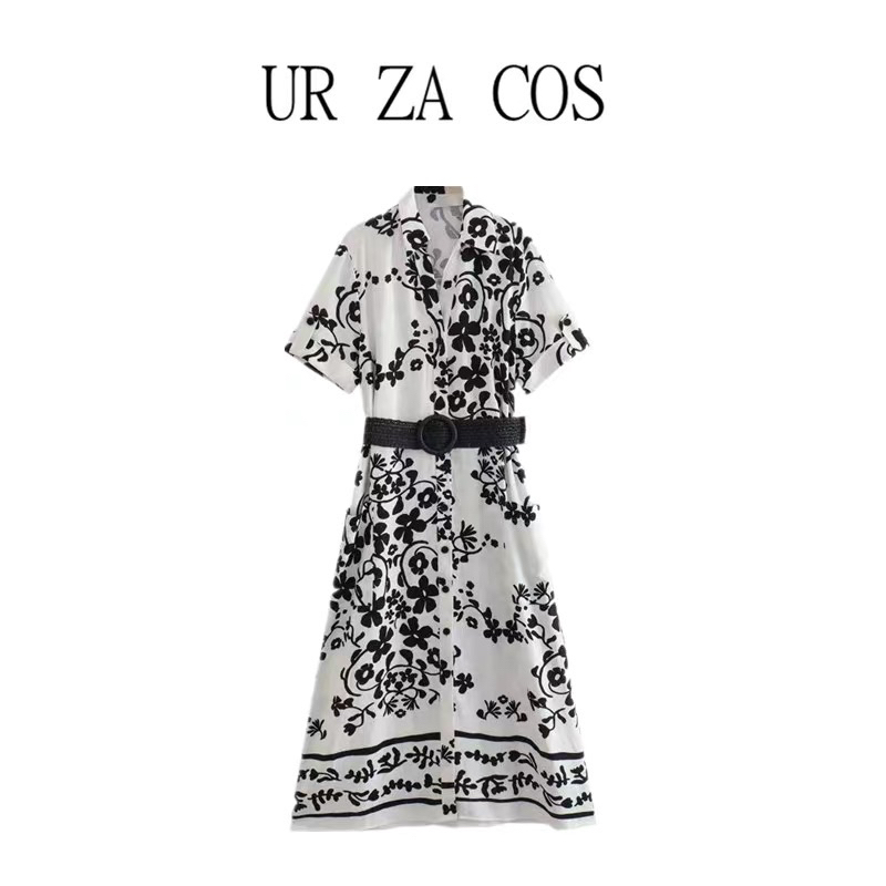 Đầm sơ mi hoạ tiết đen kèm belf