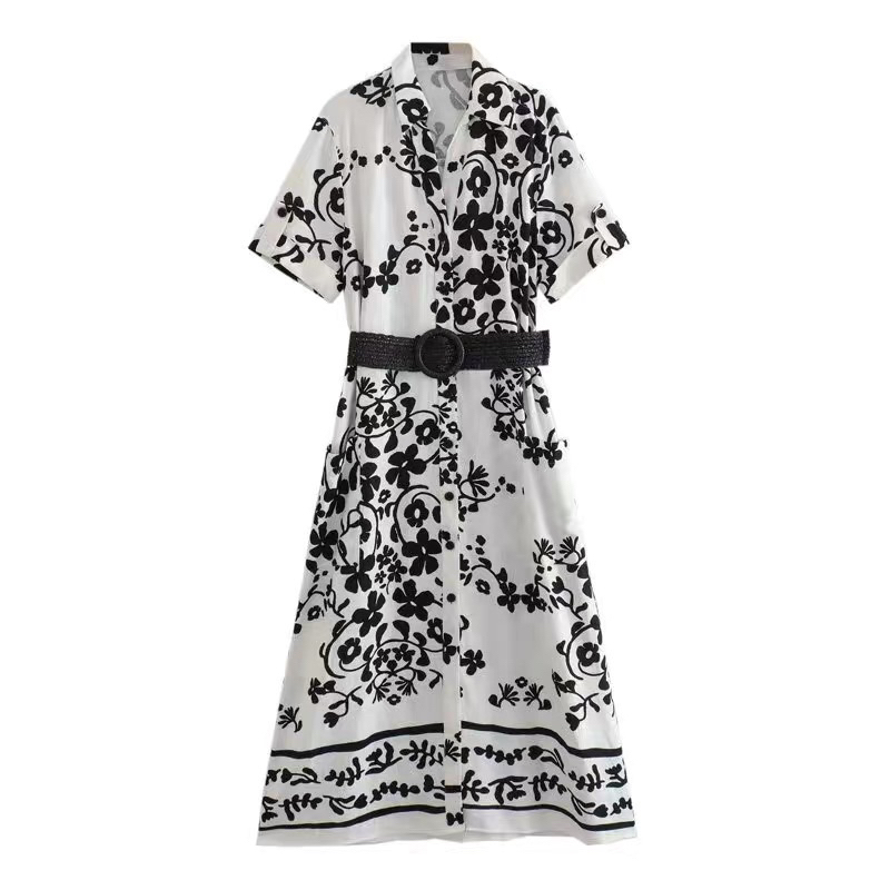 Đầm sơ mi hoạ tiết đen kèm belf