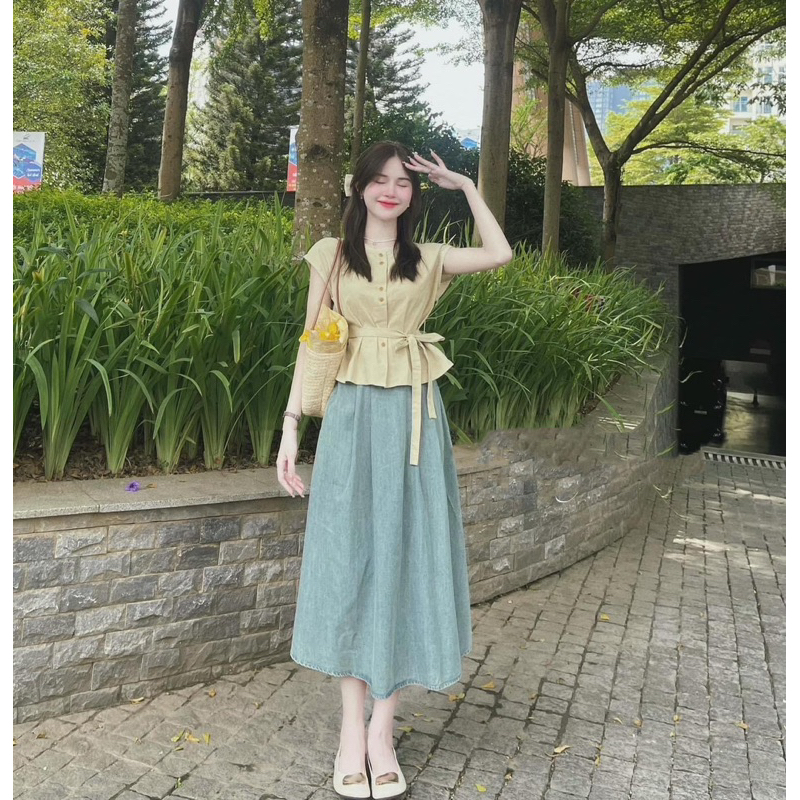 Set áo nơ tay hến M-Chou mix chân váy bò xuông công sở