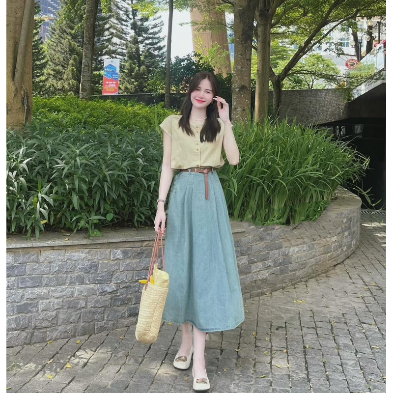 Set áo nơ tay hến M-Chou mix chân váy bò xuông công sở