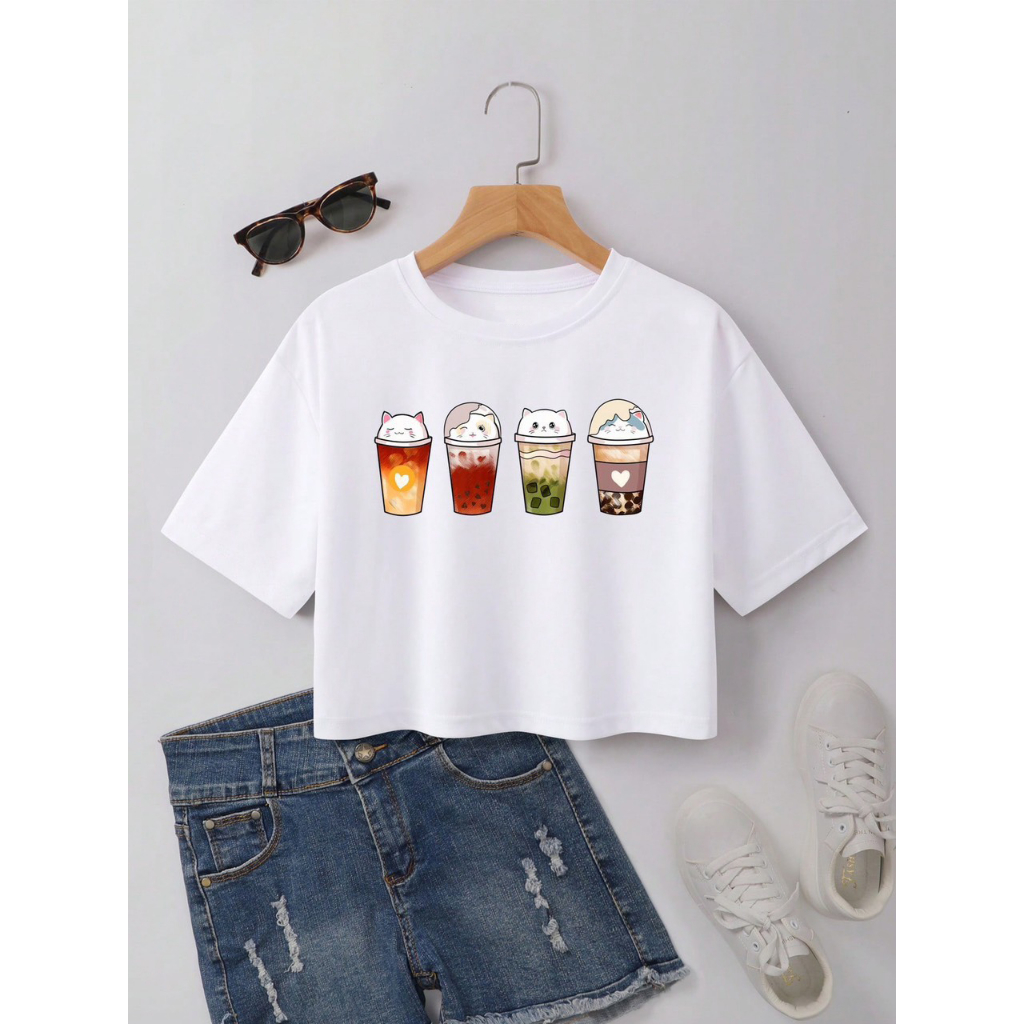 Áo thun croptop nữ in hình ly trà sữa dáng ngắn cổ tròn tay ngắn S154