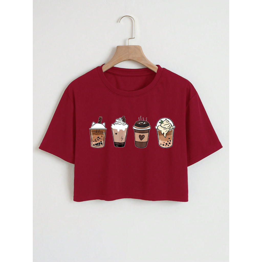 Áo thun croptop nữ in hình ly trà sữa dáng ngắn cổ tròn tay ngắn S154