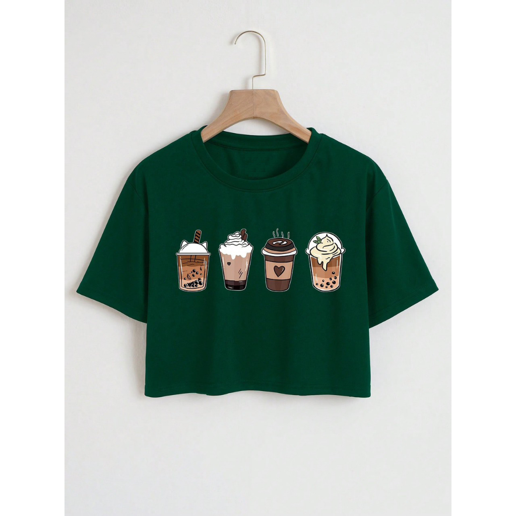 Áo thun croptop nữ in hình ly trà sữa dáng ngắn cổ tròn tay ngắn S154