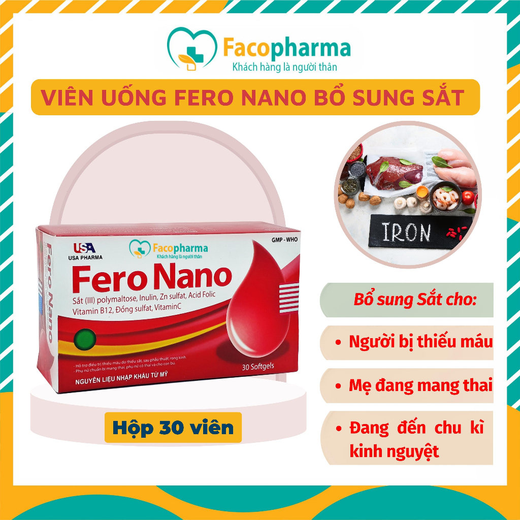 Bổ sung sắt Fero nano inulin vitamin B12 C bồ công anh hỗ trợ giảm rong kinh thiếu máu hiệu quả Hộp 30 Viên TPN7.2