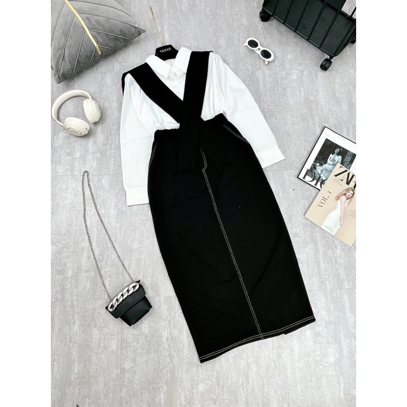 Set Áo Sơ Mi Phối Vạt Mix Chân Váy Umi Dài