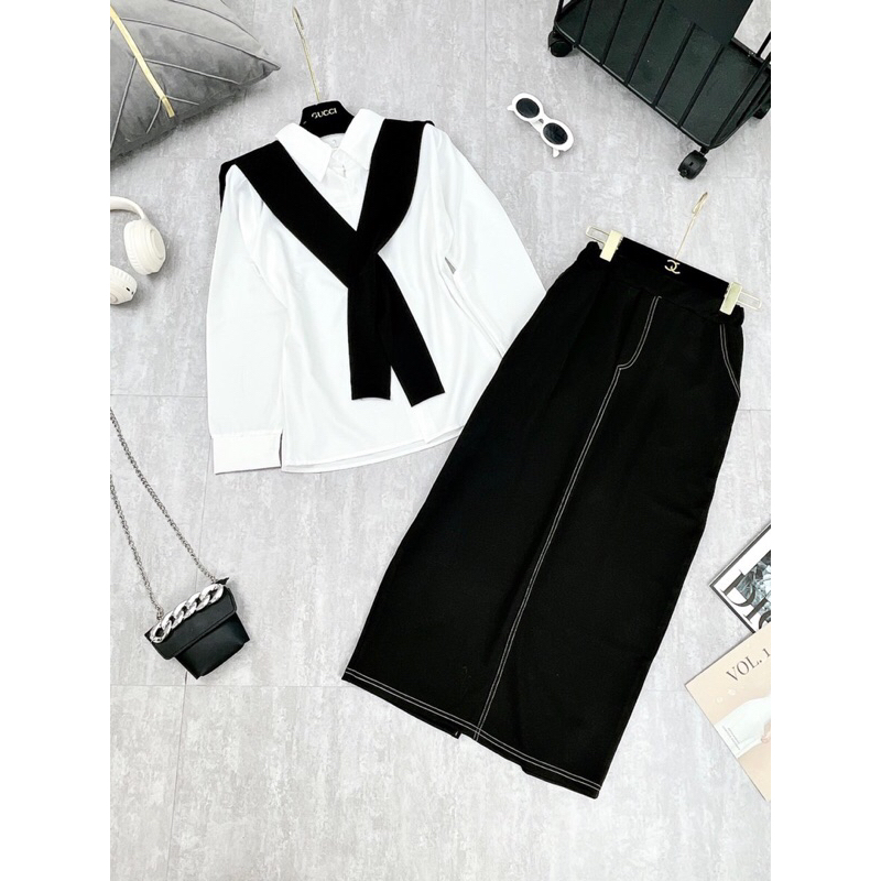 Set Áo Sơ Mi Phối Vạt Mix Chân Váy Umi Dài