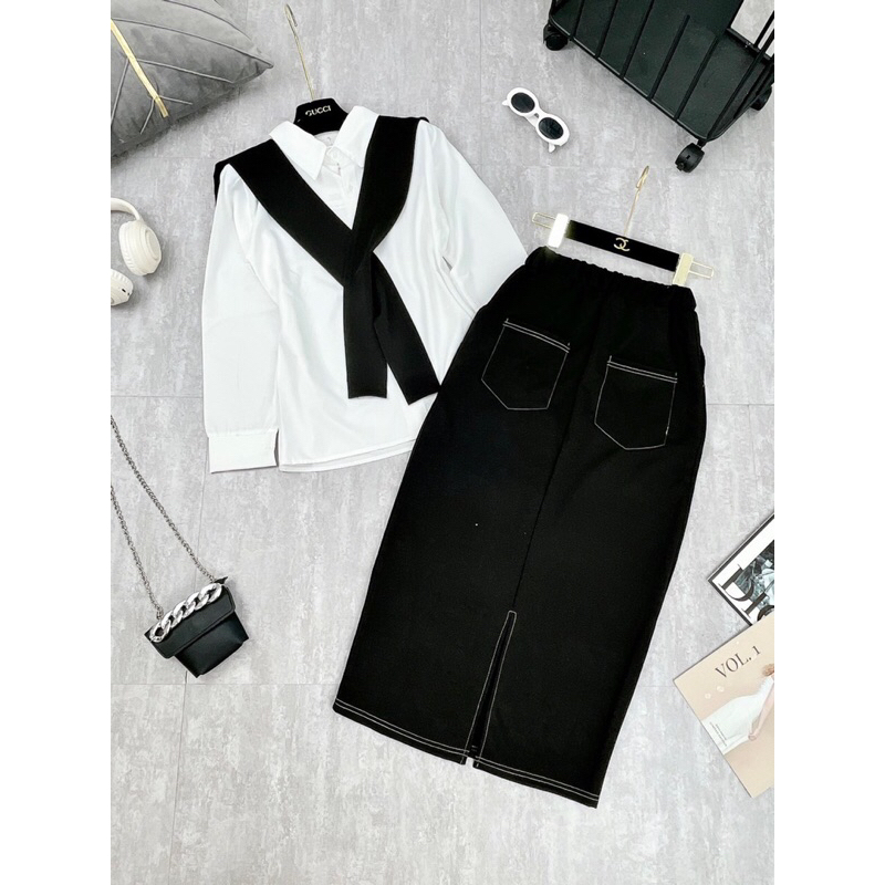 Set Áo Sơ Mi Phối Vạt Mix Chân Váy Umi Dài