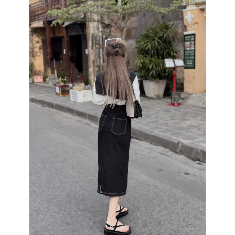 Set Áo Sơ Mi Phối Vạt Mix Chân Váy Umi Dài