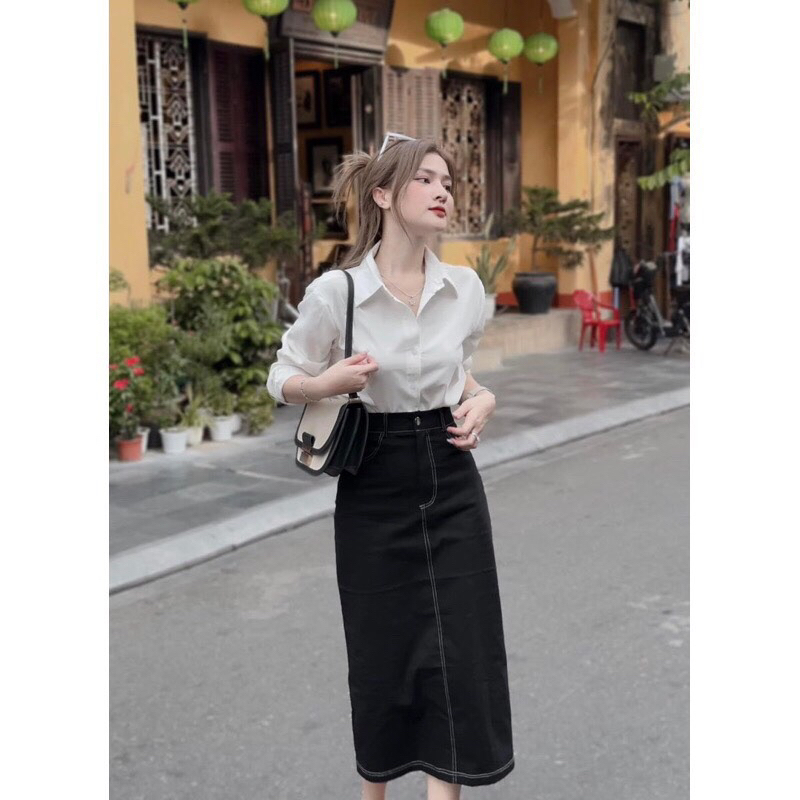 Set Áo Sơ Mi Phối Vạt Mix Chân Váy Umi Dài