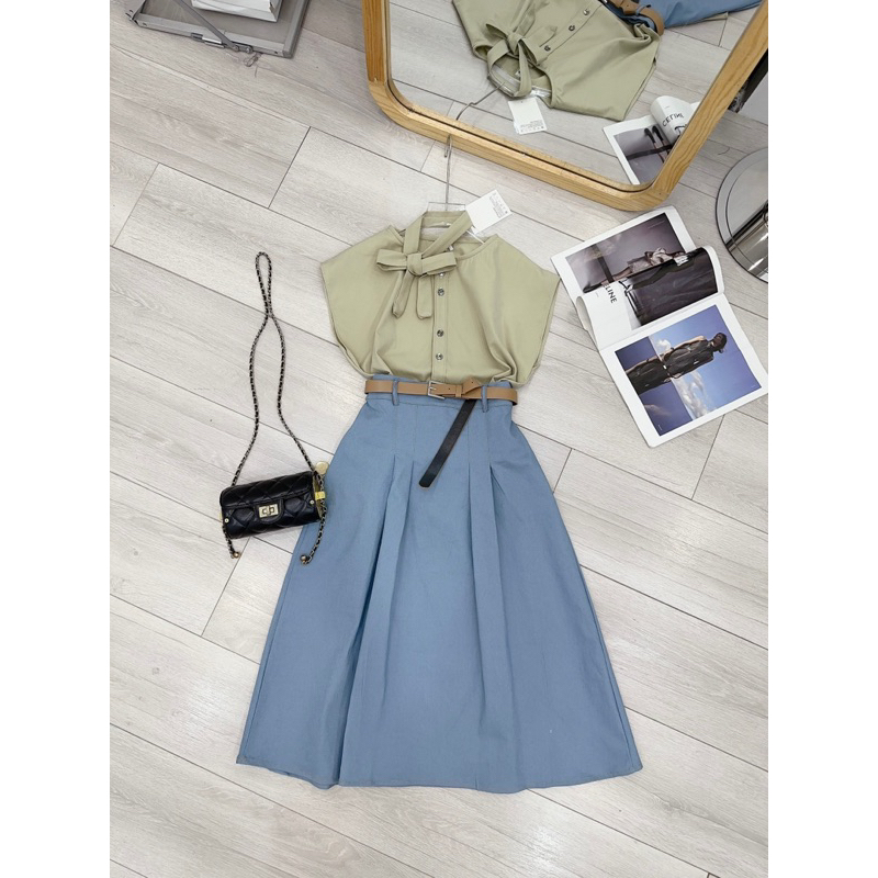 Set áo nơ tay hến M-Chou mix chân váy bò xuông công sở