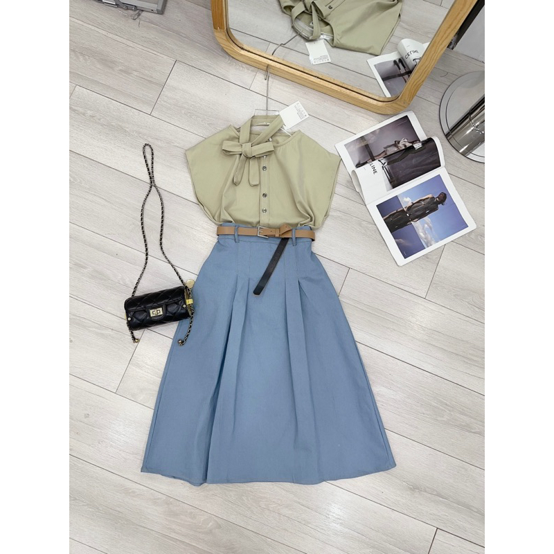 Set áo nơ tay hến M-Chou mix chân váy bò xuông công sở