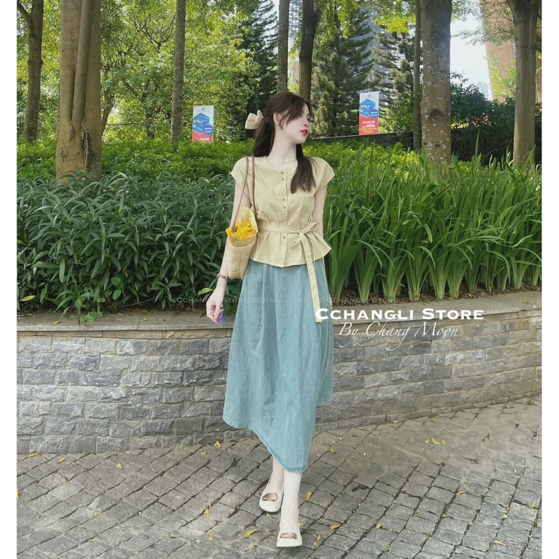 Set áo nơ tay hến M-Chou mix chân váy bò xuông công sở