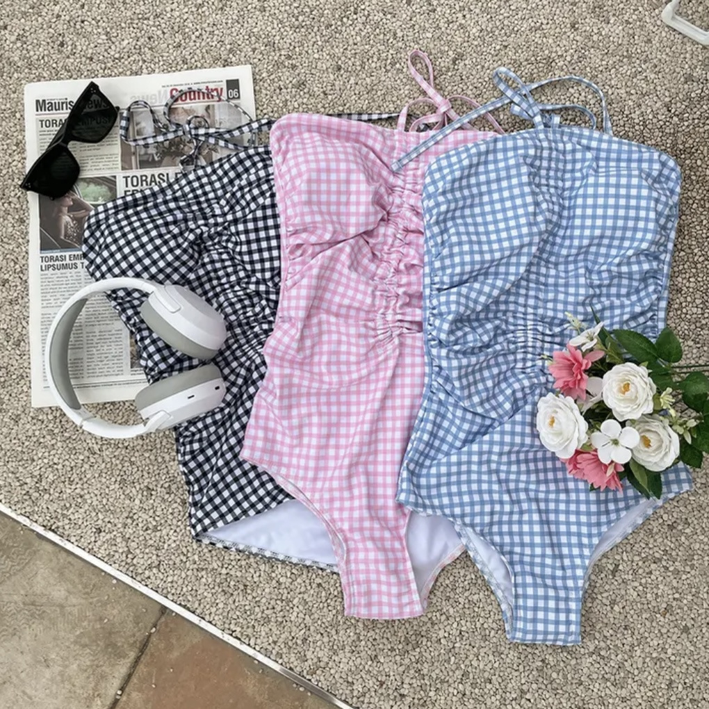 （M516-LiLyBikini) BIKINI MỘT MẢNH RÚT DÂY KẺ CARO HÀN QUỐC DỄ THƯƠNG