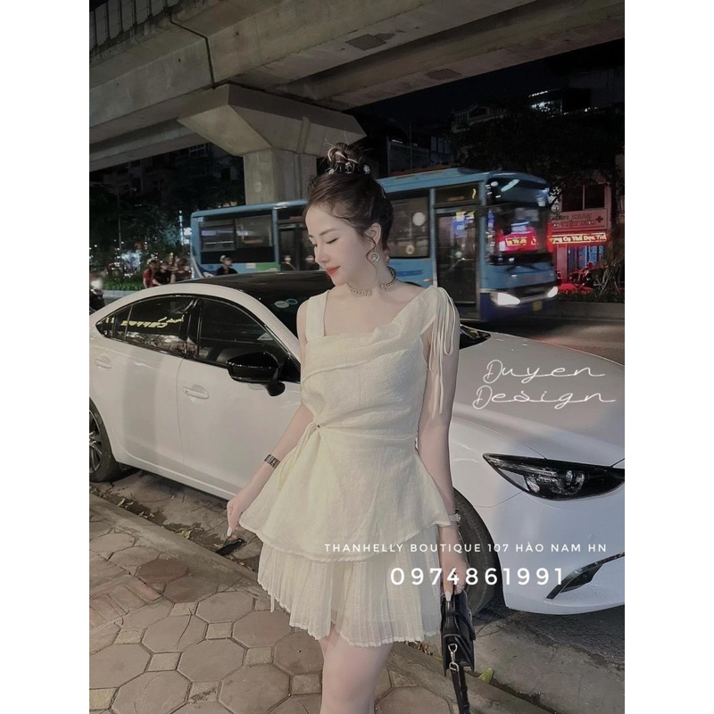 Set Váy  Nữ Áo Lệch Vai Rút Eo Kèm  CV E02