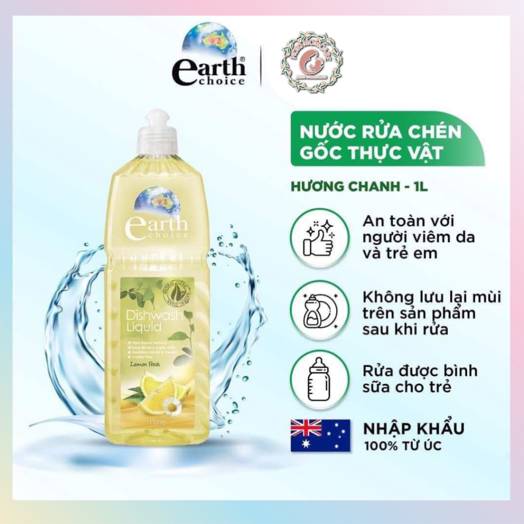 [CHÍNH HÃNG] Nước Rửa Chén EARTH CHOICE An Toàn Cho Bé Không Khô Da Tay Chiết Xuất Chanh, Lô hội Dung Tích 1L