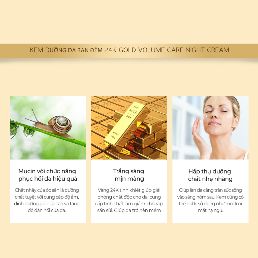 Kem dưỡng da ban đêm JNN-II 24K Care Night Cream dưỡng ẩm phục hồi da tinh chất 24K và ốc sên Hàn Quốc 50G | jnn2.vn