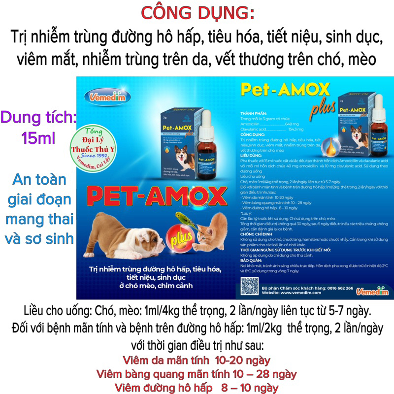 Pet AMOX plus cho chó mèo: các nhiễm trùng, viêm vết thương