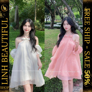 💖FREESHIP💖Váy babydoll - Đầm cổ yếm nơ ngọc tiểu thư trễ vai