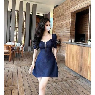 Đầm jean xanh thời trang nữ chất vải jean cứng đầm xòe như hình