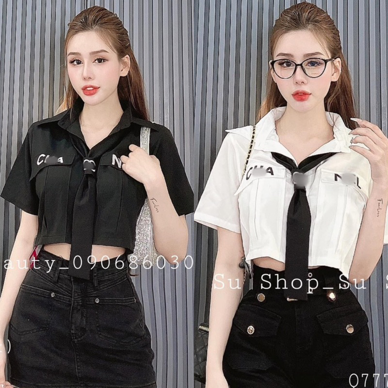 Áo Sơ Mi Croptop Tay Ngắn + VAST ĐEN