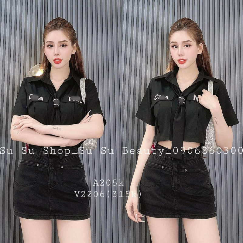 Áo Sơ Mi Croptop Tay Ngắn Túi Hộp Dài