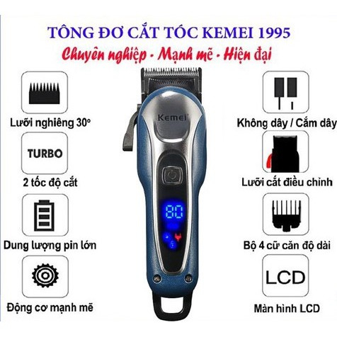 Tăng Đơ Cắt Tóc Chuyên Nghiệp KEMEI 1995, Hàng Chính Hãng, Bảo Hành Lên Đến 3 Năm, Tông Đơ Gia Đình Quà Tặng 4 Món