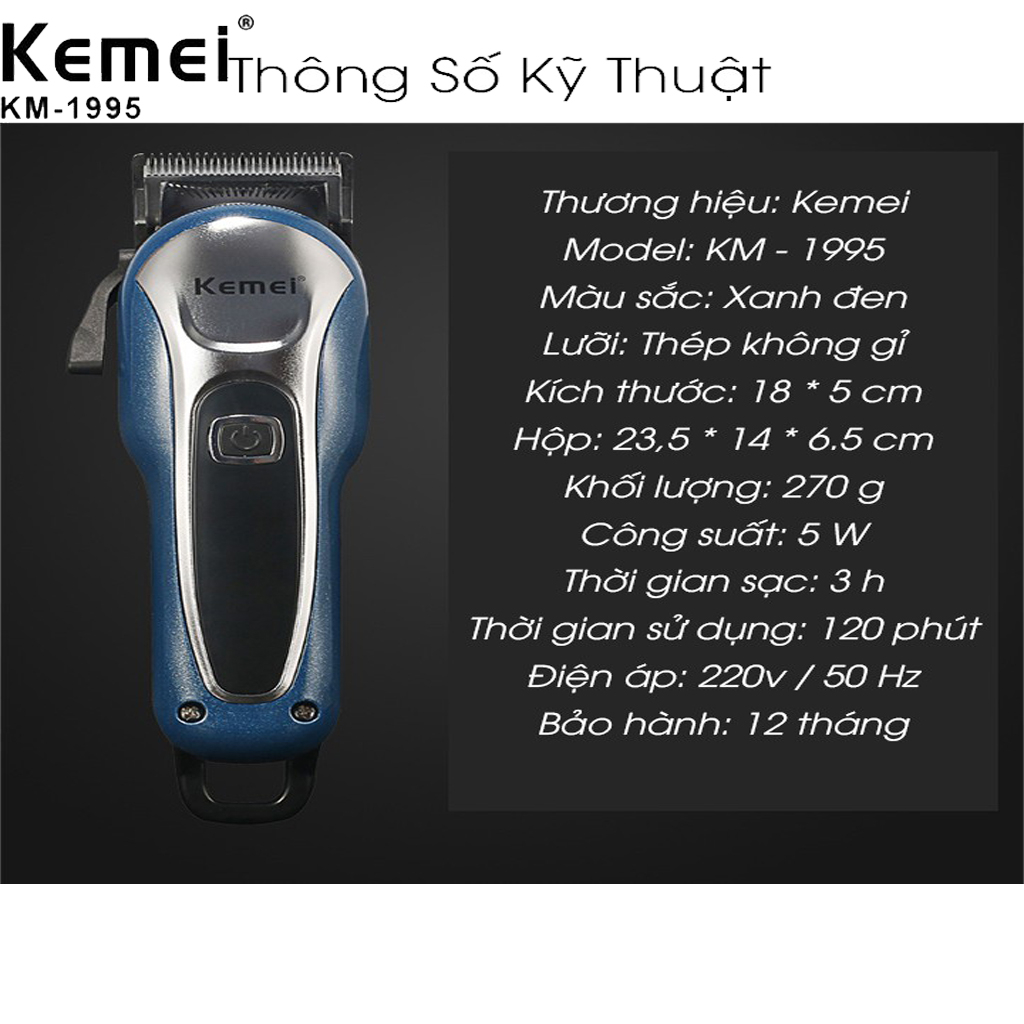Tăng Đơ Cắt Tóc Chuyên Nghiệp KEMEI 1995, Hàng Chính Hãng, Bảo Hành Lên Đến 3 Năm, Tông Đơ Gia Đình Quà Tặng 4 Món