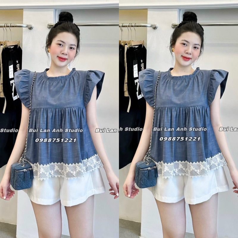 Set Áo Jeans Cánh Tiên Tay Ngắn Viền Bèo Babidoll Viền Ren Trắng + Quần Short Đùi