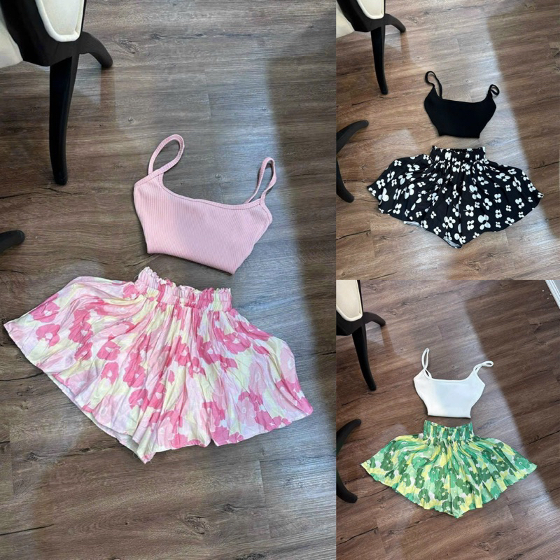 Set Đùi Áo Dây Croptop + Quần Đùi Dập Ly Hoạt Hình Gấu Dâu Xoè Loe