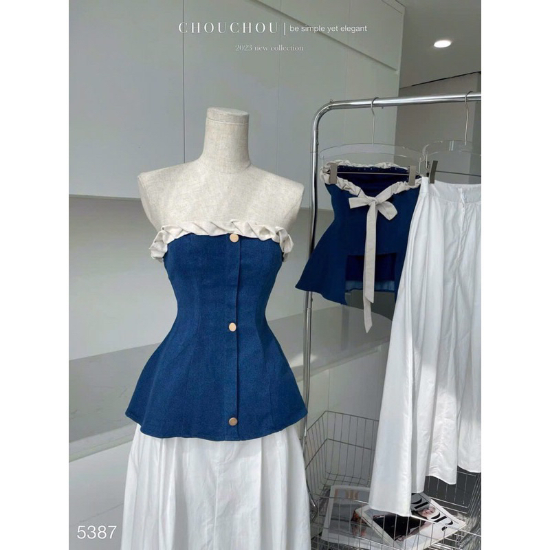SET ÁO JEANS ĐÍNH NÚT VIỀN BÈO NƠ LƯNG PHỐI CHÂN VÁY DÀI