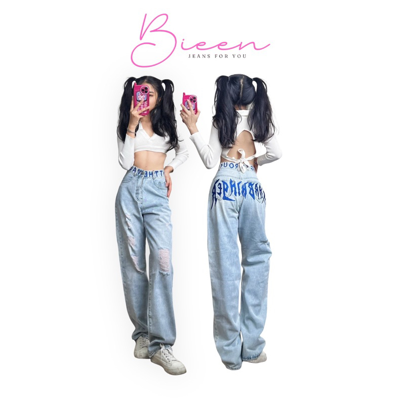 Quần Jeans,Quần Bò Ống Rộng Lưng Cao Thêu Chữ Cá Tính