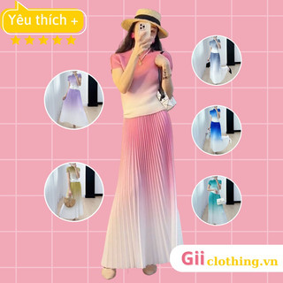 [Ảnh thật] Set áo lò xo ôm body cộc tay cổ lọ 3p kết hợp chân váy dài dập ly màu ombre nhiều màu thời thượng