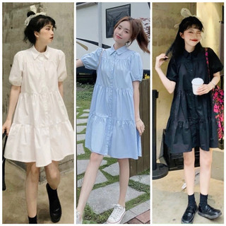 Đầm babydoll cổ sơ mi 7 màu tặng kèm nơ cổ (kèm hình thật)