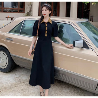 Đầm váy đen phối cổ sơ mi nâu dáng dài Hàn Quốc
