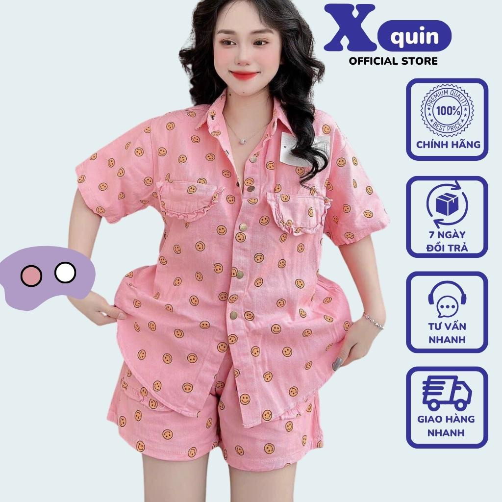 Set bộ đồ nữ kaki hoạ tiết mặt cười áo cổ bẻ ngực đặp túi mix quần đùi lưng chung cạp cao cực xinh Xquin