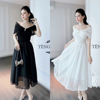 Váy tơ trễ vai phối ren len đính đá cổ, hàng thiết kế cao cấp