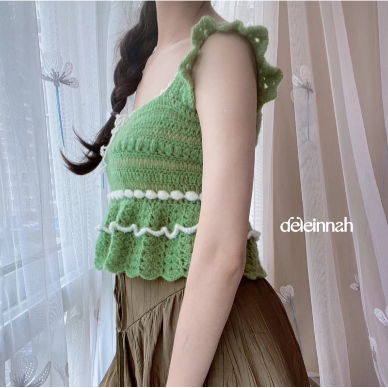 𝐆𝐑𝐄𝐄𝐍 𝐑𝐔𝐅𝐅𝐋𝐄 𝐂𝐑𝐎𝐏𝐓𝐎𝐏 I Áo bèo nhún len xanh lá cho cô nàng bánh bèo dễ thương