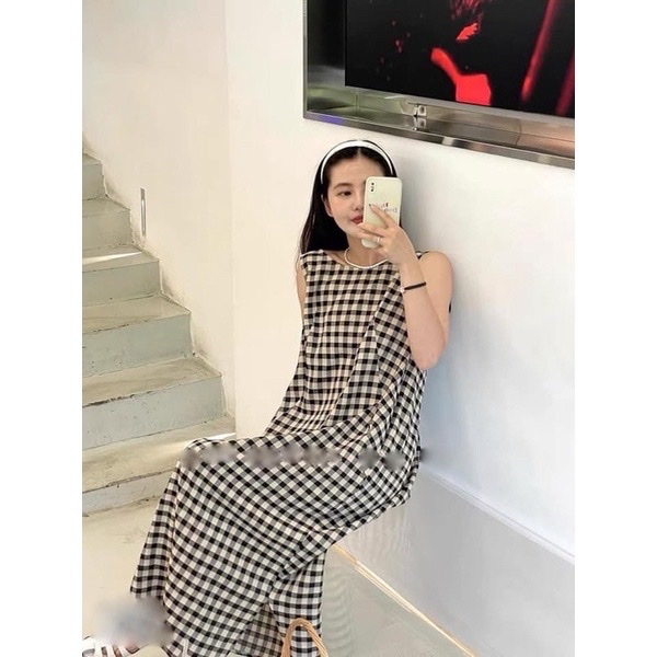 Váy balo kẻ caro dáng dài khoét lưng