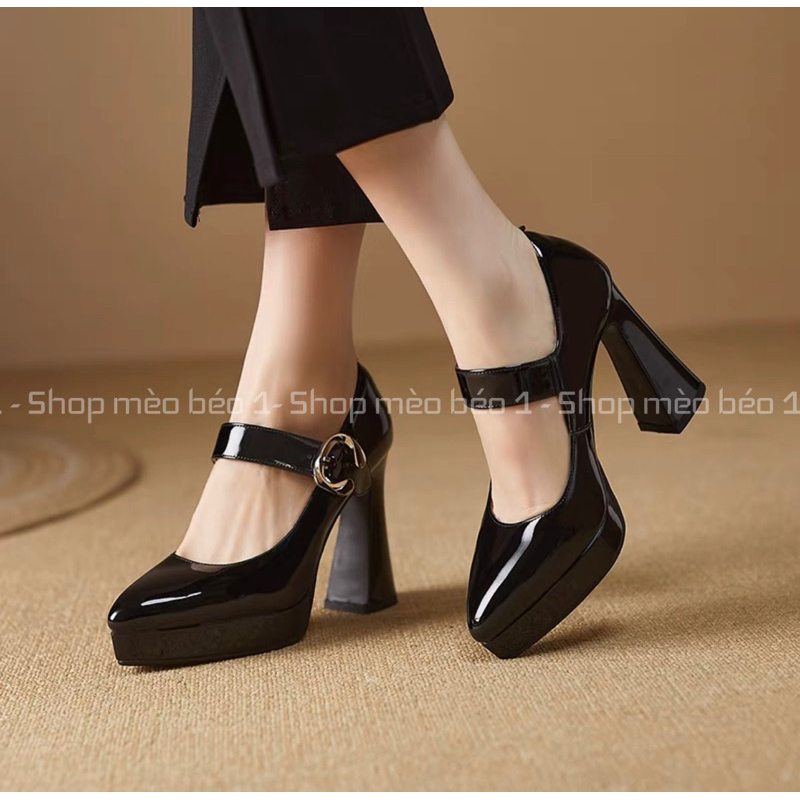 Giày cao gót mũi nhọn quai ngang khoá cài đế đúp gót trụ fullbox hàng quảng châu cao cấp