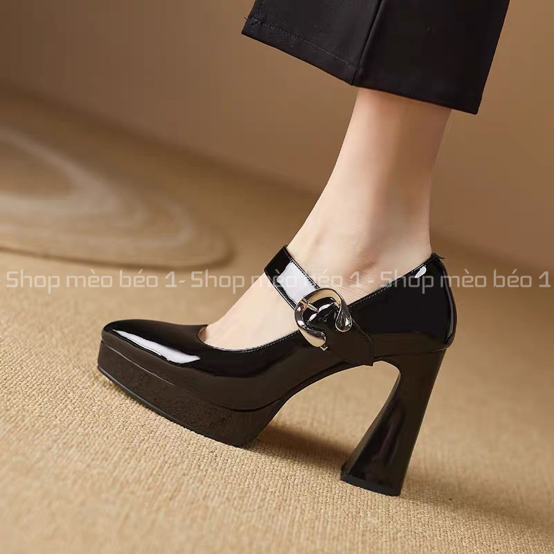 Giày cao gót mũi nhọn quai ngang khoá cài đế đúp gót trụ fullbox hàng quảng châu cao cấp