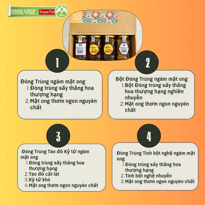 Set quà Đông Trùng Hạ Thảo ngâm mật ong 4 vị, hũ 100ML