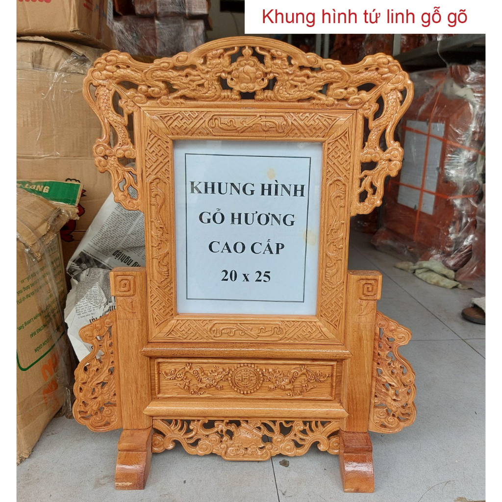 Khung ảnh thờ tứ linh gỗ gõ cao cấp-Khung hình thờ tứ linh cao cấp cỡ ảnh thờ 20x25cm